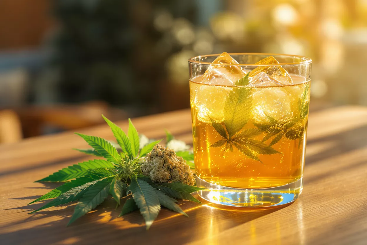 Cannabis Infused Beverage A glass of cannabis-infused drink with ice and leaves