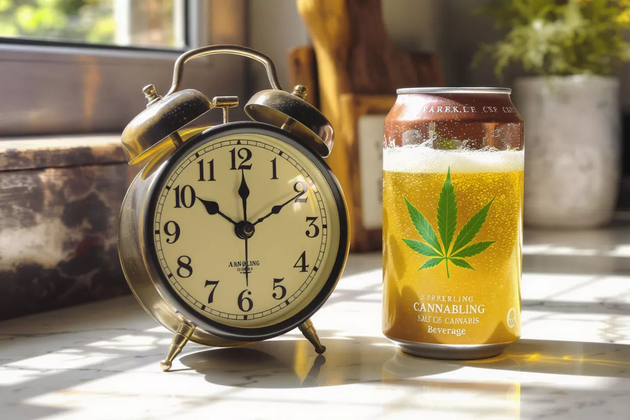 Sparkling Cannabis Beverage An alarm clock next to a cannabis beverage can