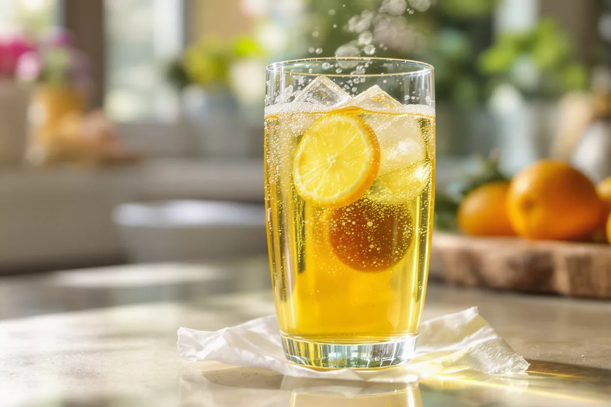 A tall glass of sparkling lemon drink with ice and lemon slices.