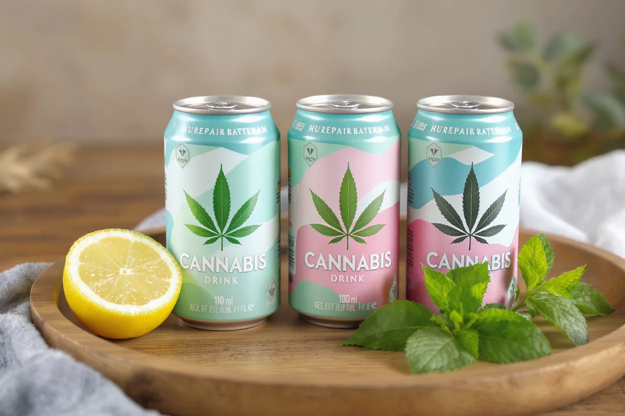 Three colorful cannabis drink cans with a lemon half and mint sprigs on a wooden tray.
