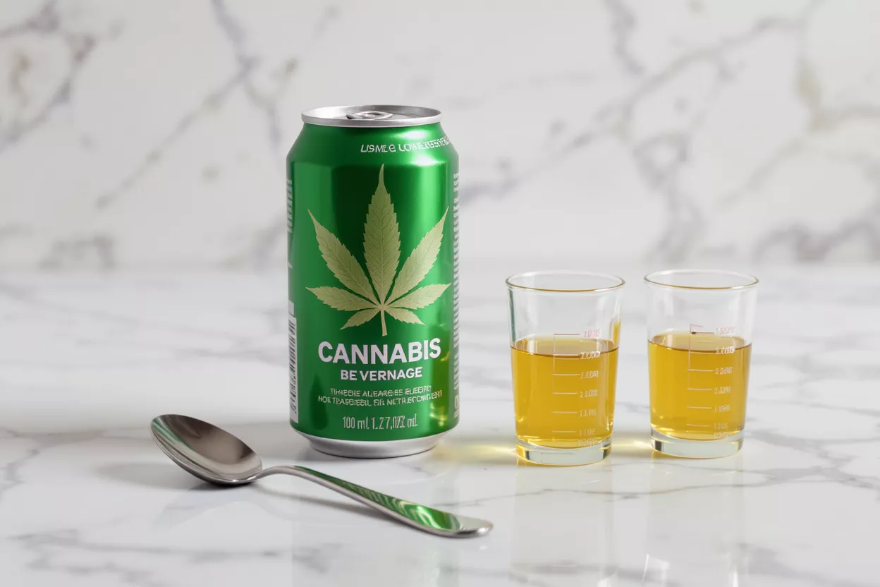 Green cannabis beverage can with two measuring cups filled with amber liquid.