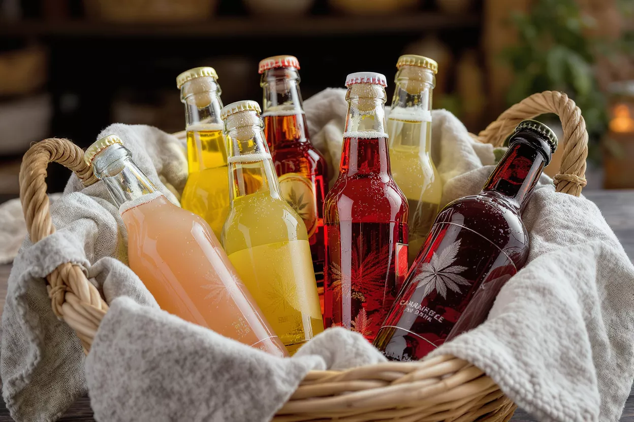 A woven basket filled with various colored bottled beverages nestled in a white cloth.