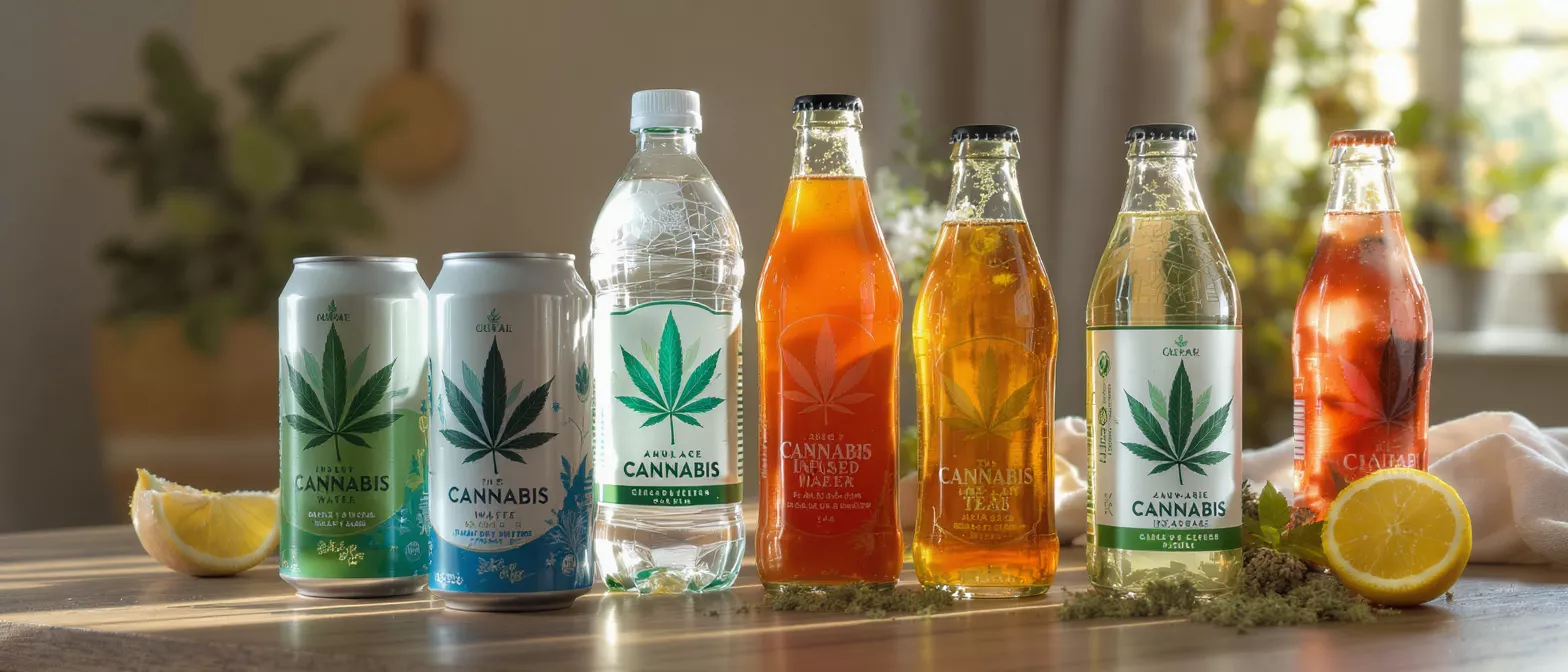 A variety of cannabis-infused drinks in cans and bottles on a wooden table.