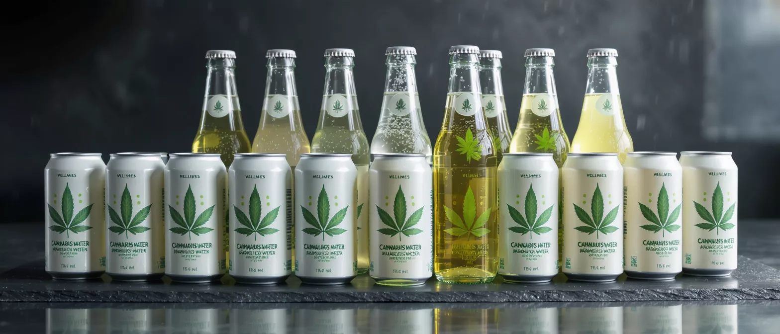 Several bottles and cans of cannabis-infused water on a dark surface.