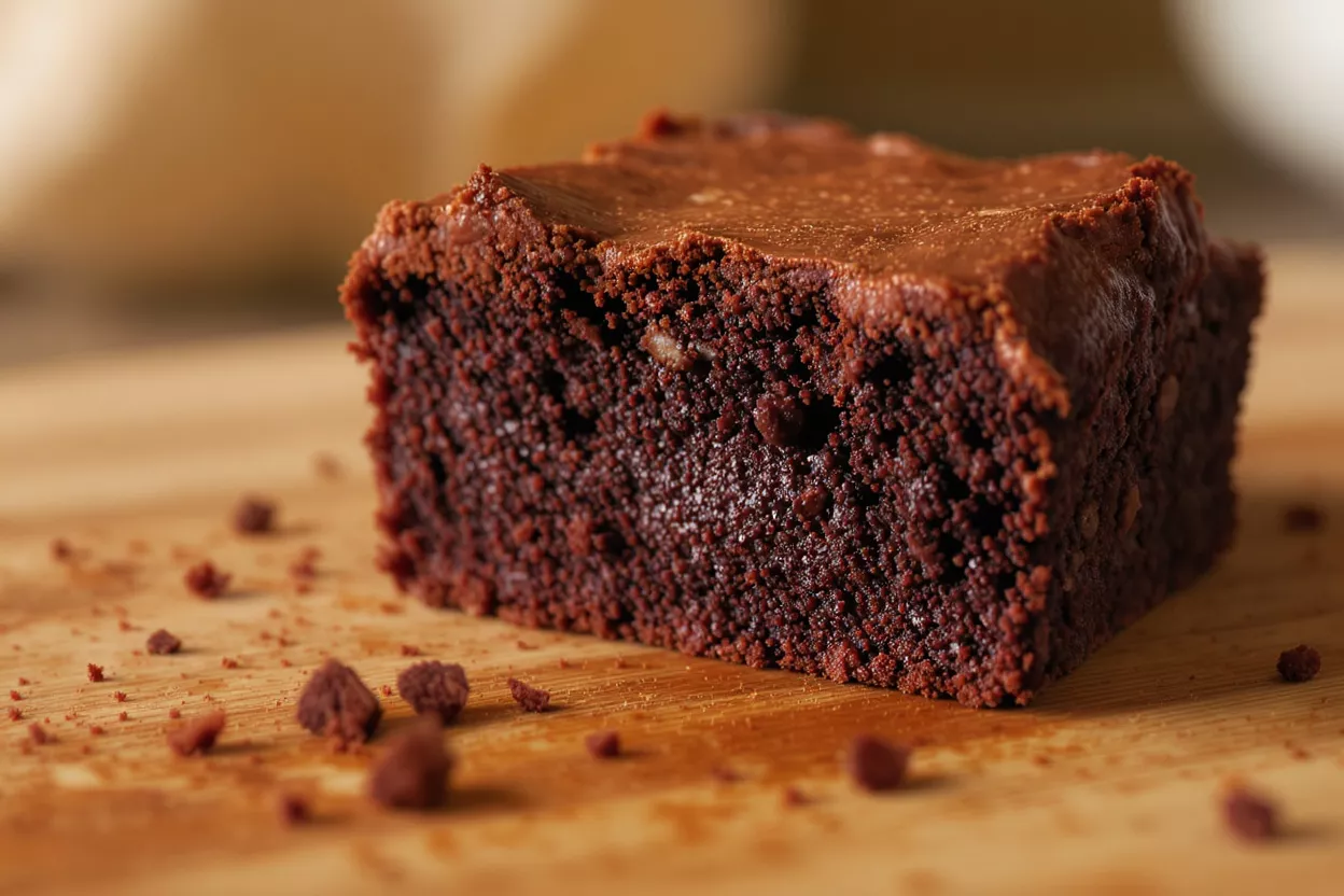 Un delicioso brownie de chocolate húmedo con glaseado de fudge sobre una superficie de madera.