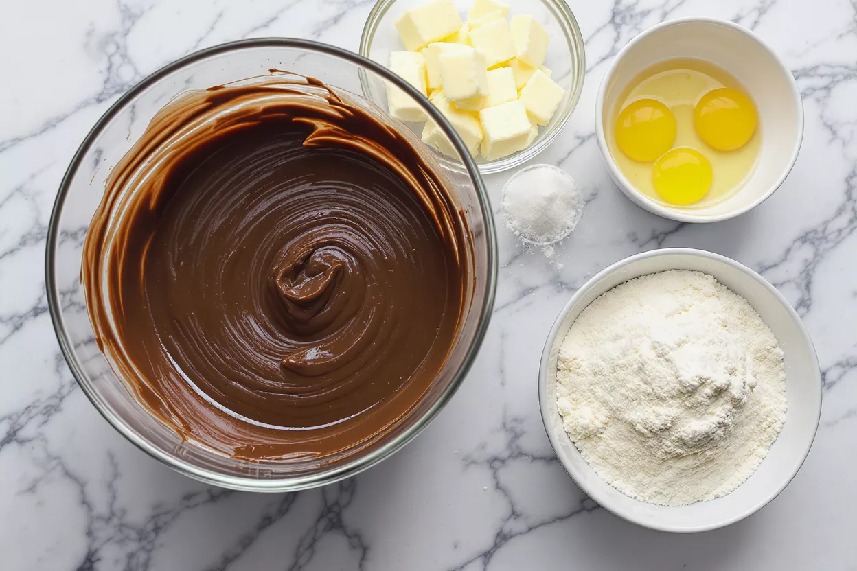 Vista cenital de ingredientes de repostería: masa de chocolate, mantequilla, huevos, harina y azúcar.