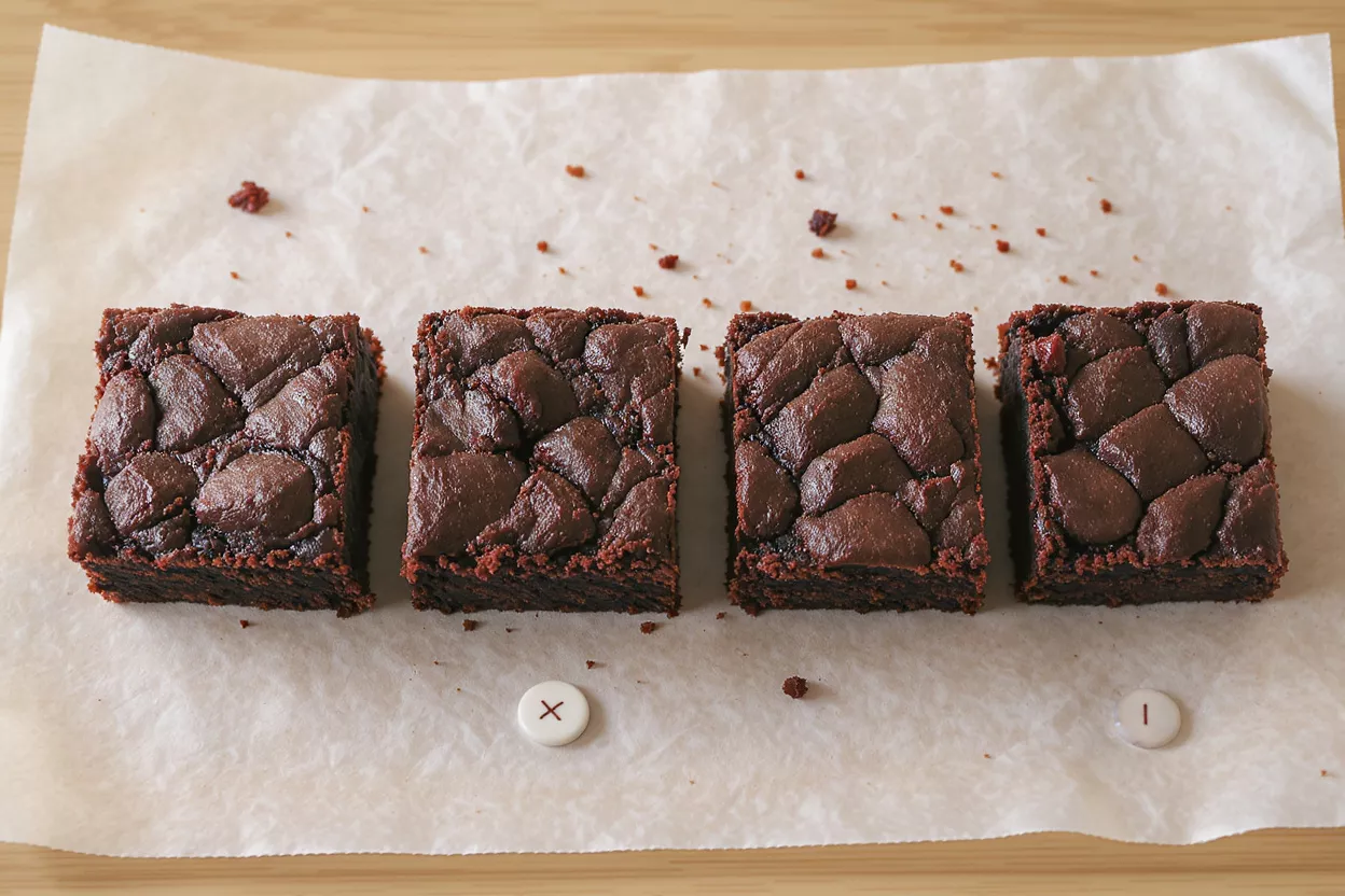 Cuatro brownies de chocolate intenso con trozos de chocolate sobre papel pergamino.