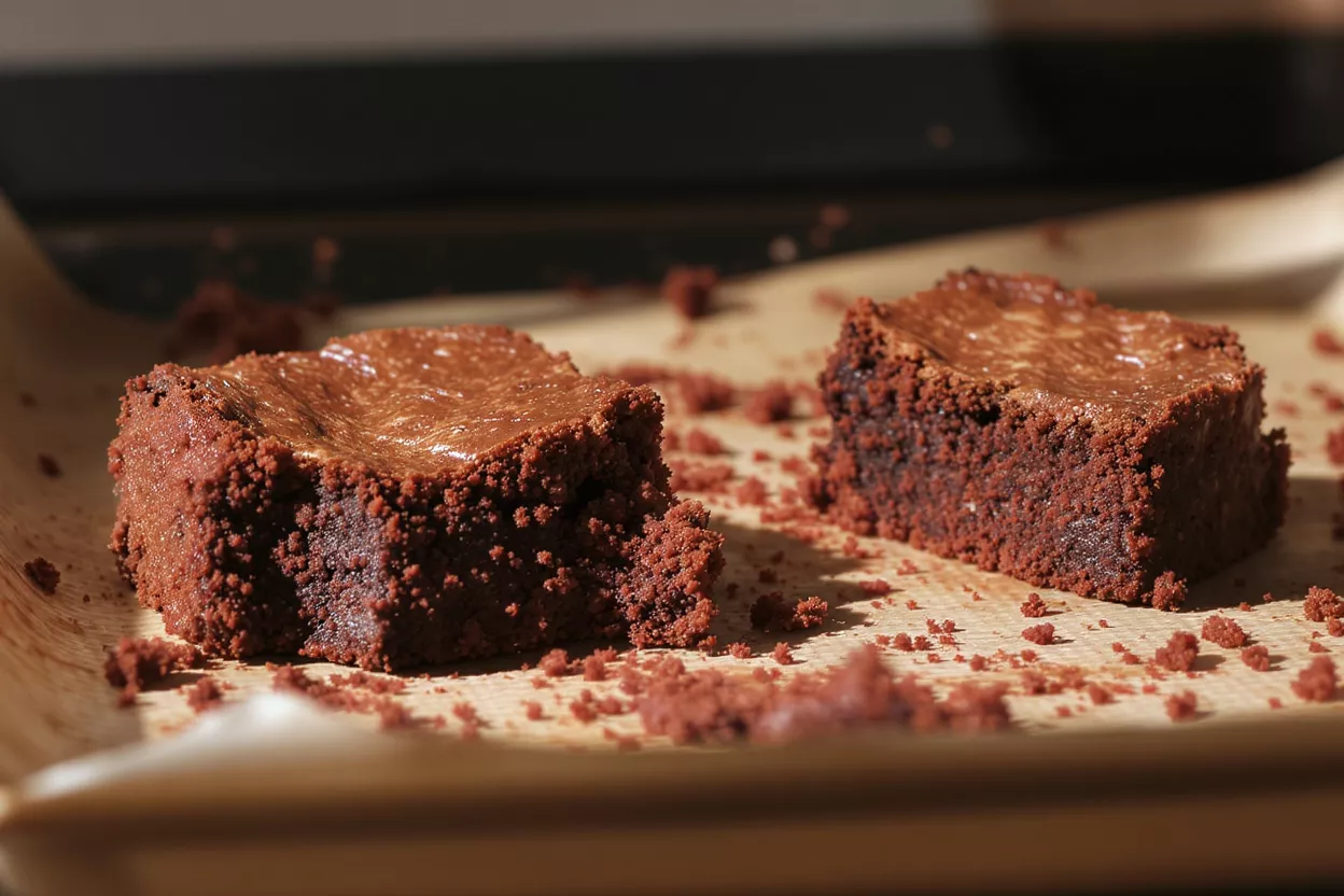 Dos ricos brownies de chocolate con superfices arrugadas sobre papel pergamino, migas esparcidas.