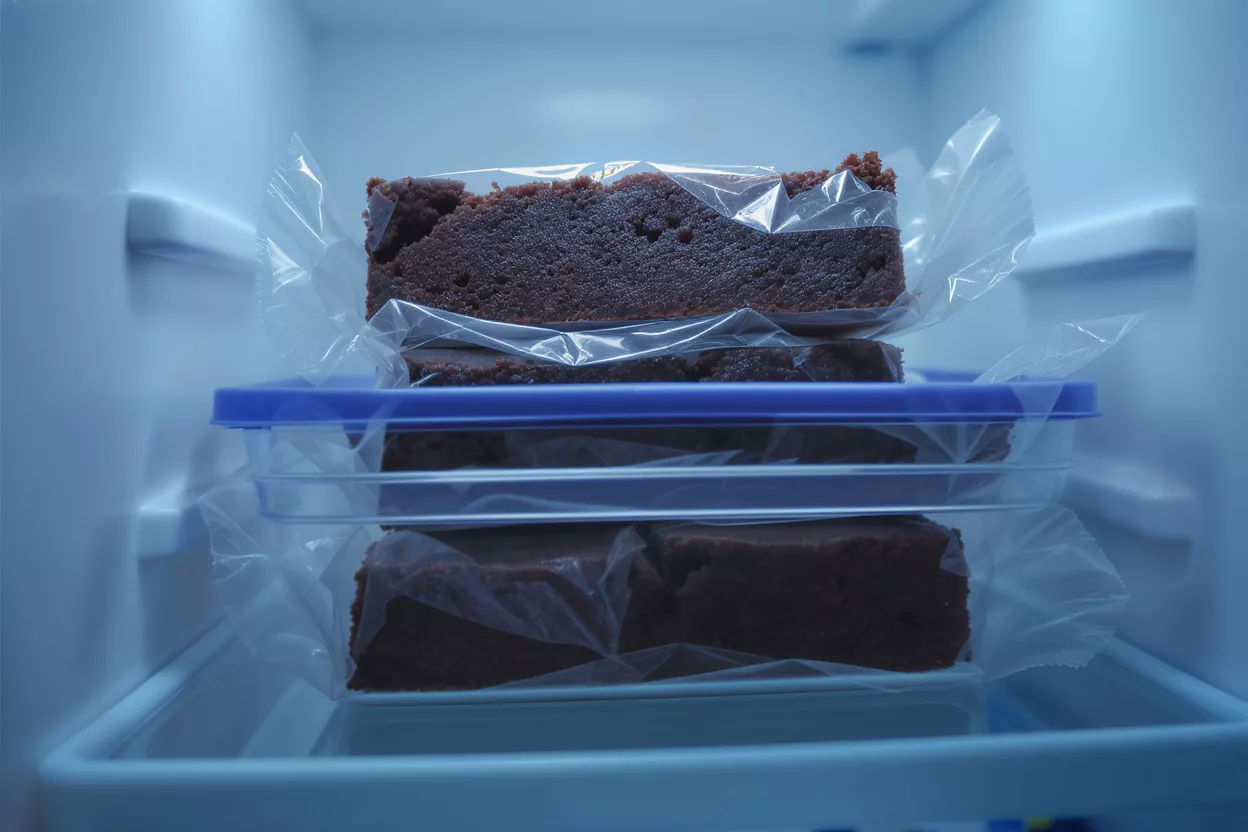 Varios brownies envueltos individualmente en plástico dentro de un refrigerador.