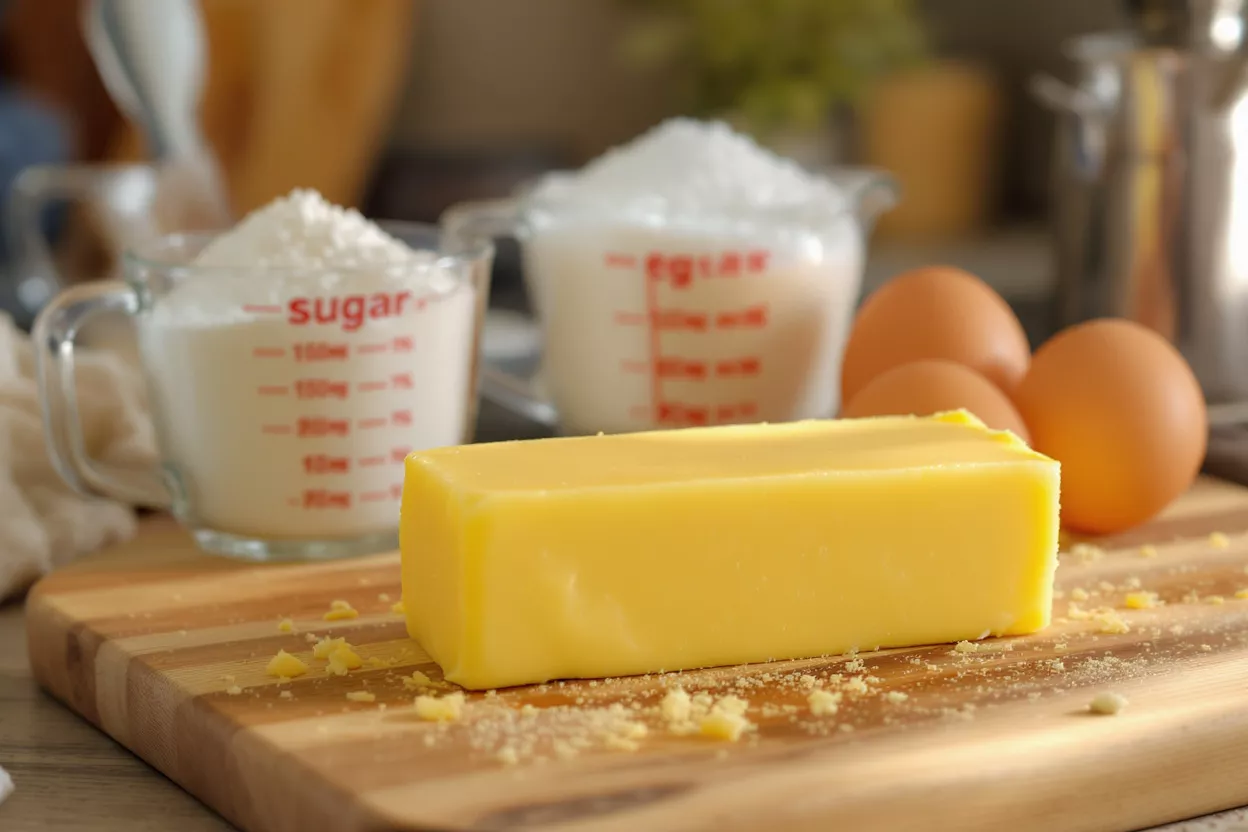 Essential Baking Ingredients A stick of butter, measuring cups of sugar, and eggs on a wooden cutting board.