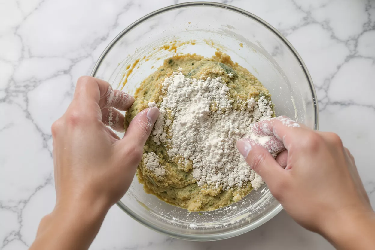 Mixing Dough with Flour Hands mixing green dough with white flour in a clear bowl on marble.