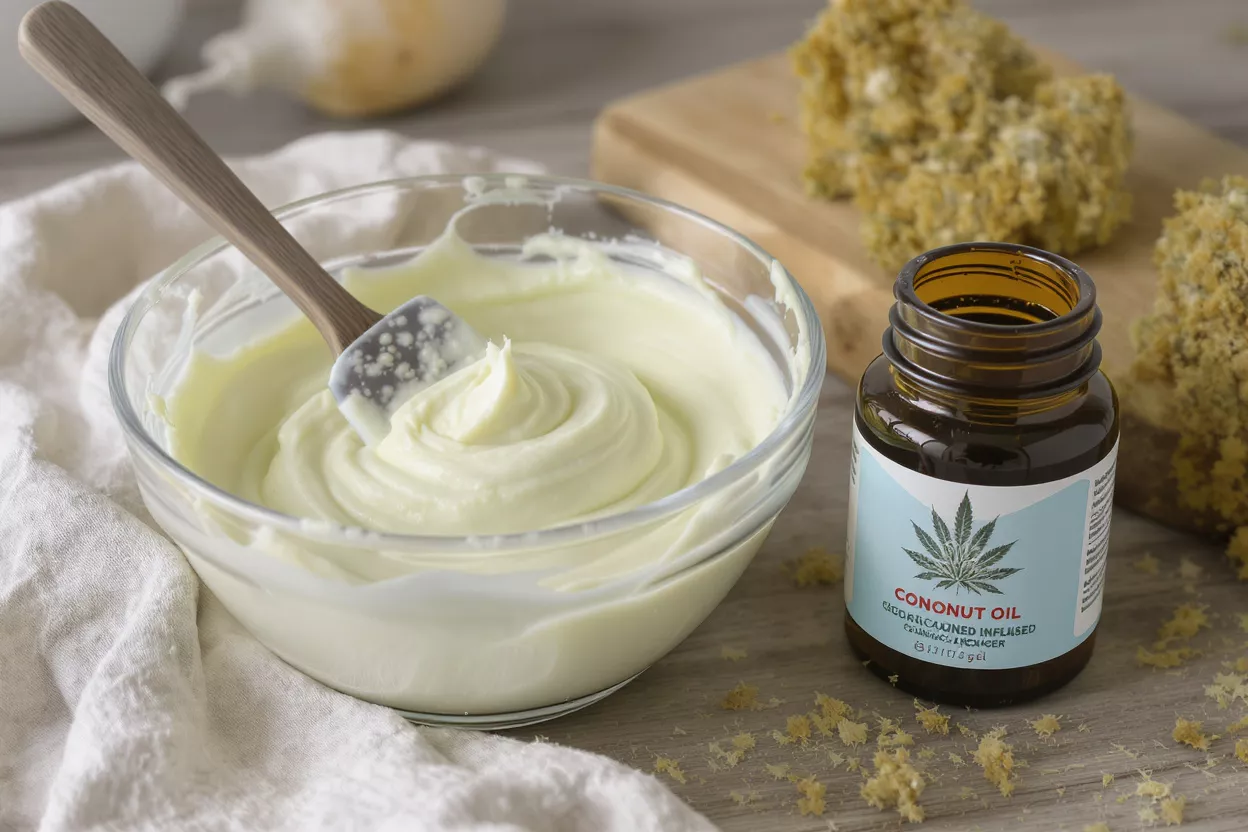 Cannabis-Infused Coconut Oil Dessert Creamy dessert in a bowl with a spatula, beside a cannabis-infused coconut oil bottle.