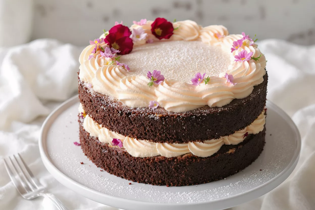 Chocolate Naked Cake with Floral Decor Two-layer chocolate naked cake with cream frosting and edible flowers.
