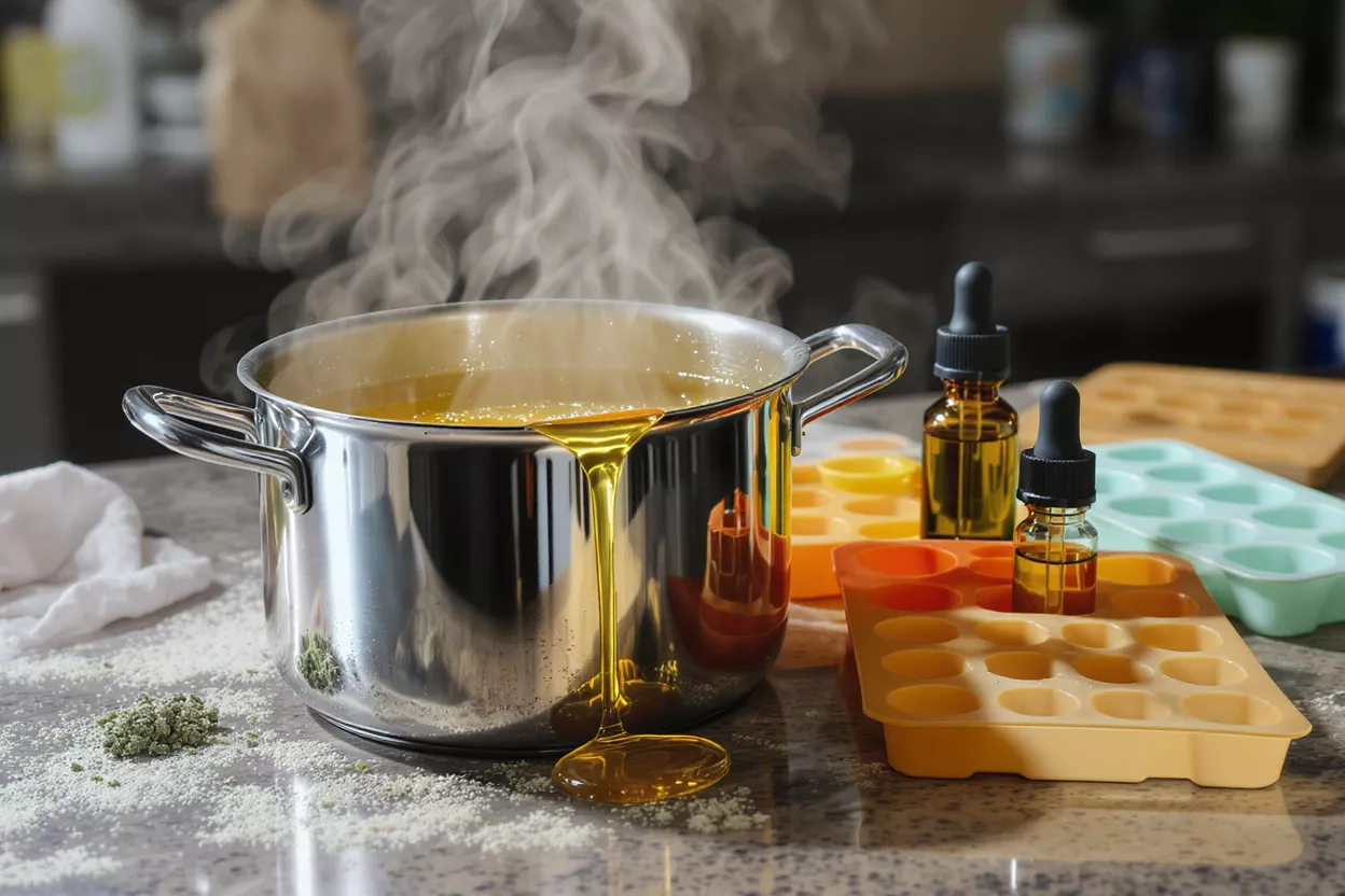 Cannabis Oil Infusion for Gummies Hot cannabis oil dripping from a pot, ready for gummy molds.