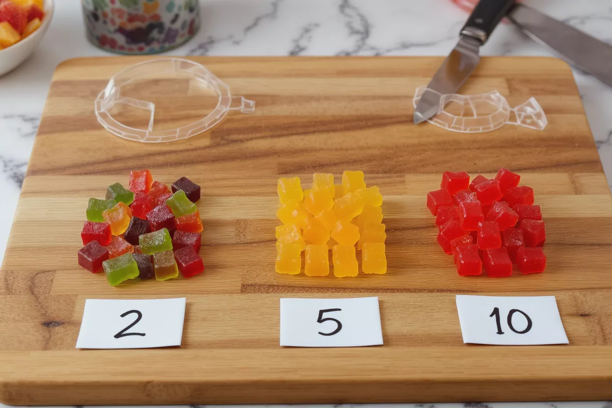 Gummy Candy Sugar Comparison Three piles of gummy candies with labels 2, 5, and 10 on a cutting board.