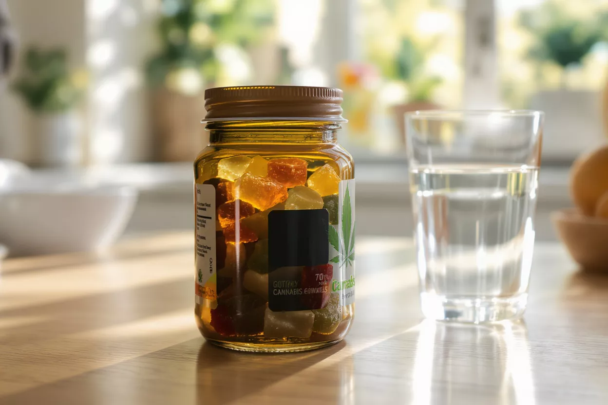 Cannabis Gummies and Water Glass Amber jar of cannabis gummies next to a glass of water on a wooden counter.