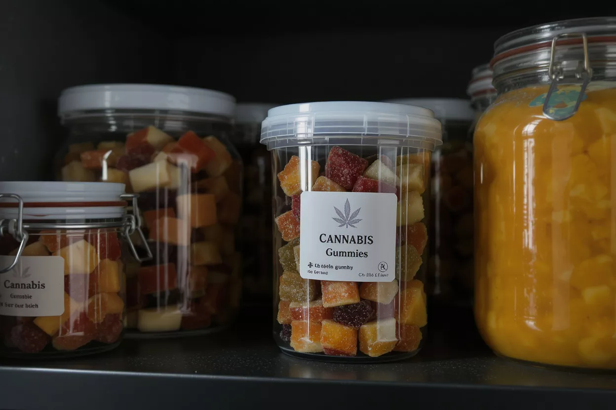 Cannabis Gummies in Jars Several clear jars filled with colorful cannabis gummies on a dark shelf.