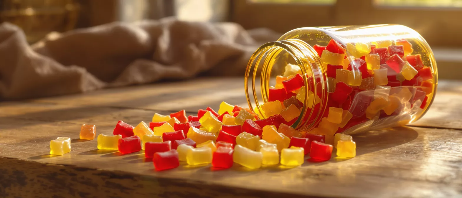 Red and yellow square gummies spilled from a glass jar onto a wooden table.