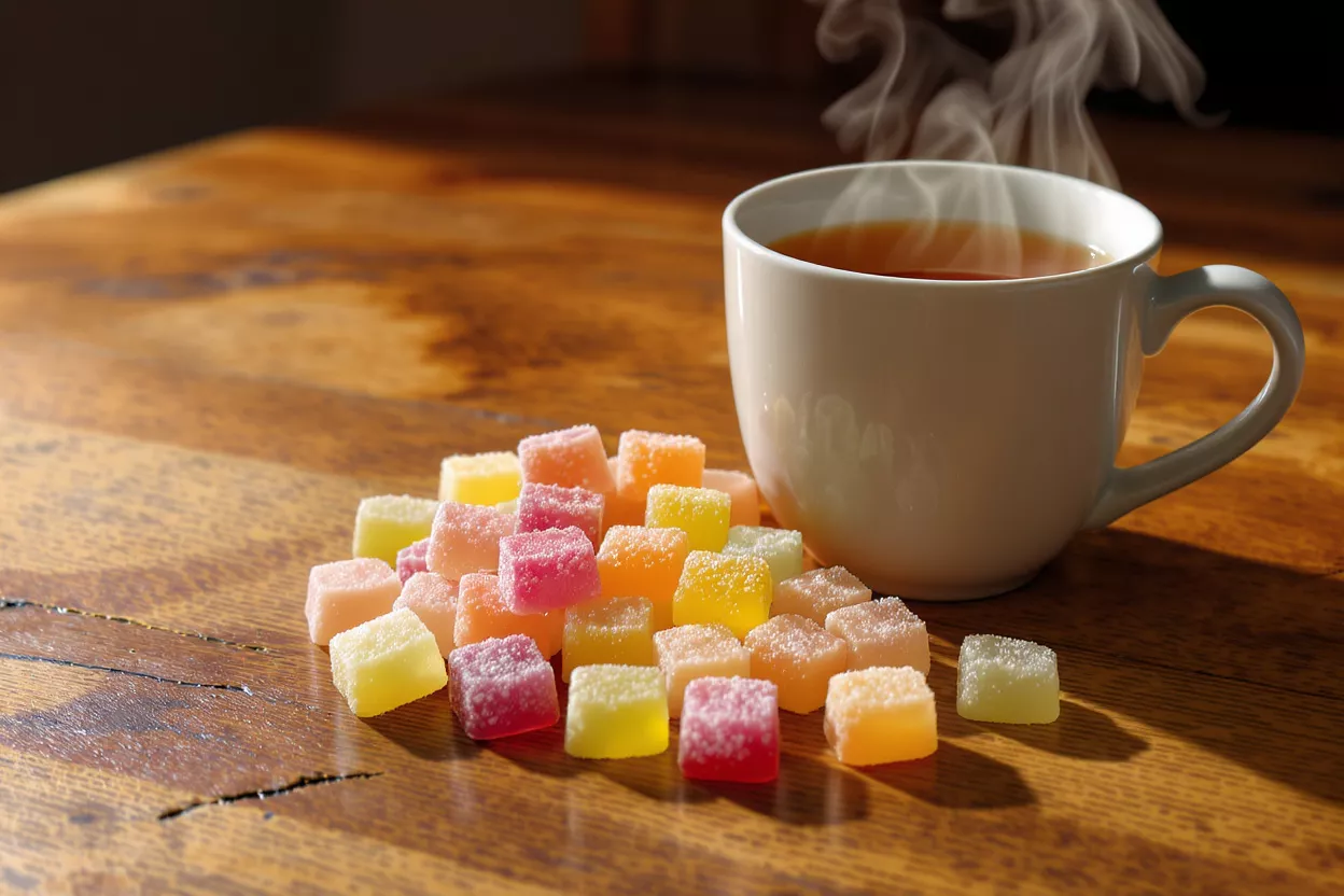 Colorful Gummy Candies and Tea A cup of steaming tea beside colorful gummy candies
