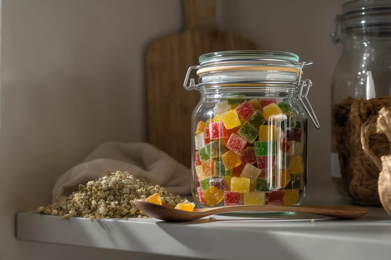 Colorful Gummy Candies in Jar A jar filled with colorful gummy candies on a shelf