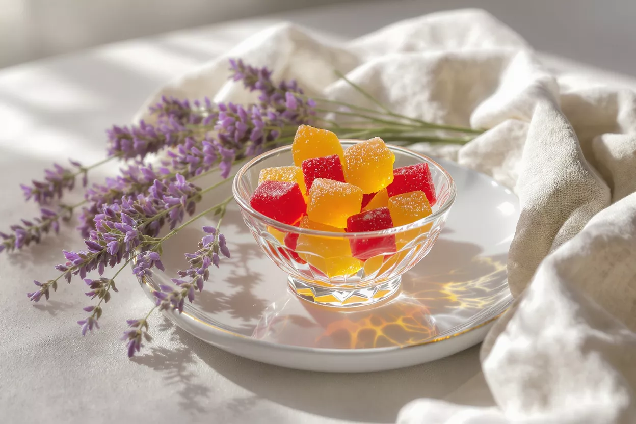 Colorful Gummy Candies A bowl of colorful gummy candies with lavender