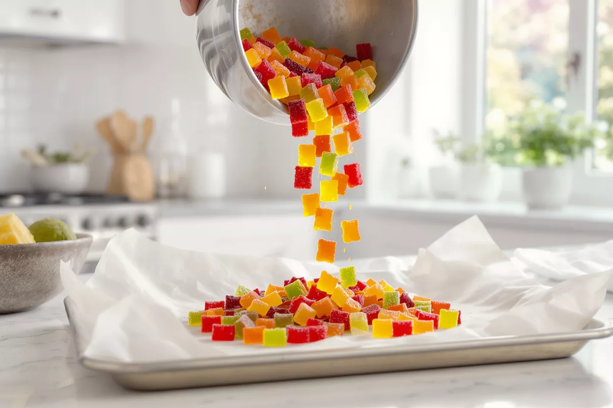 Colorful Gummy Candies Pouring Vibrant gummy candies being poured onto parchment paper