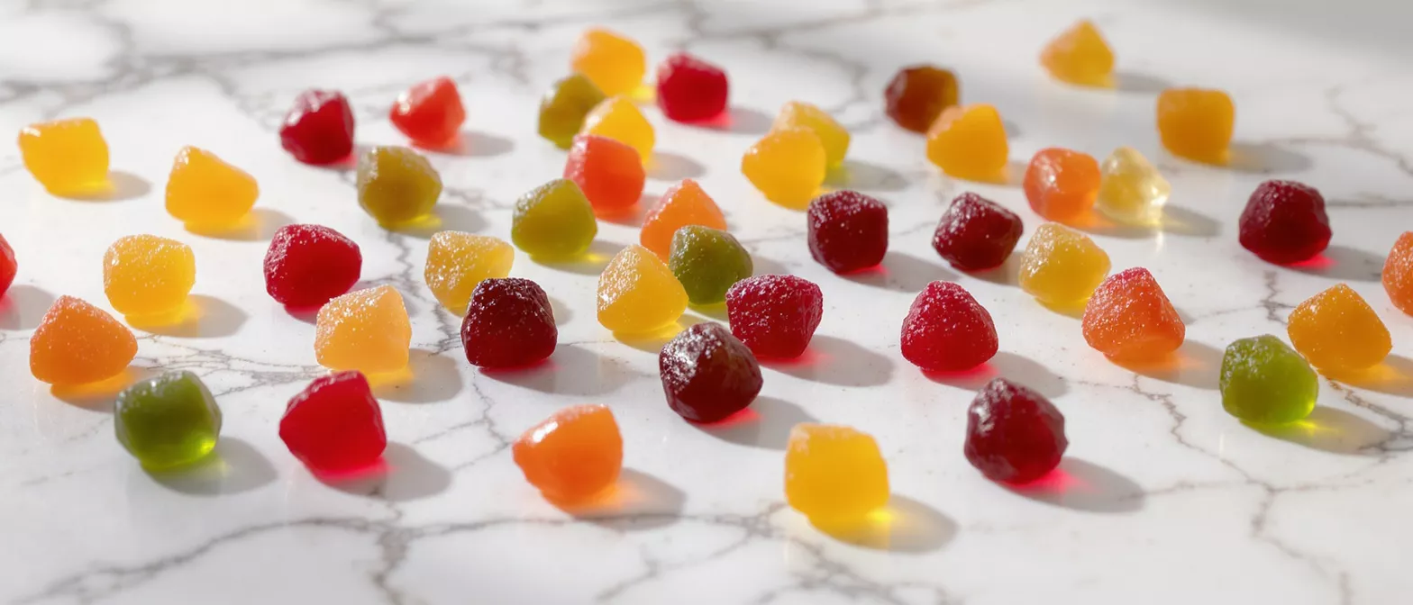 A variety of colorful gummy candies on a marble surface