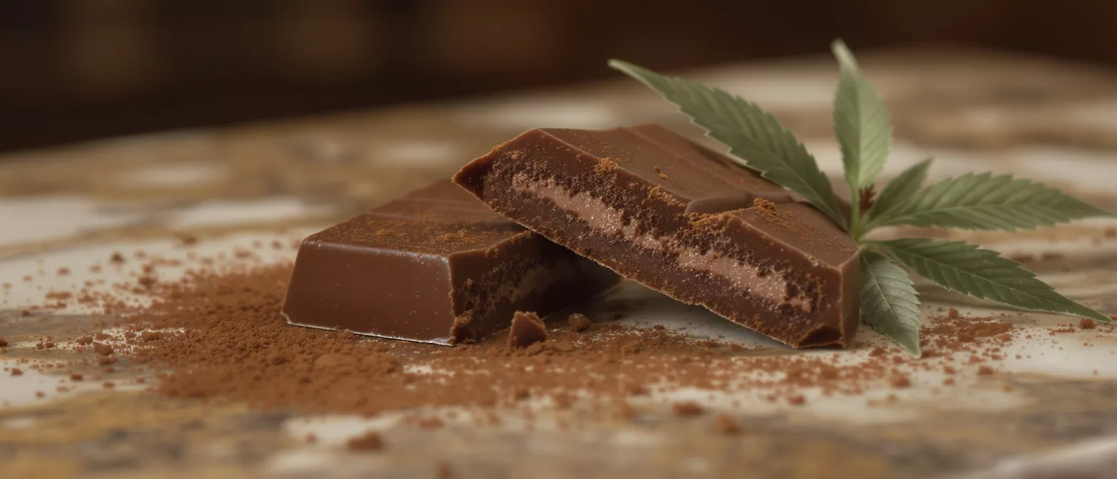 Chocolate bar with cacao powder and leaves