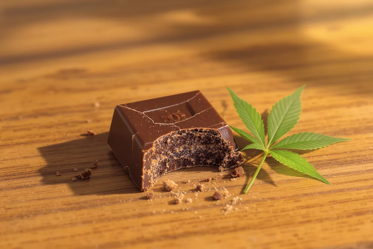 Chocolate Bar with Cannabis Leaf Chocolate bar with a bite taken out and a cannabis leaf