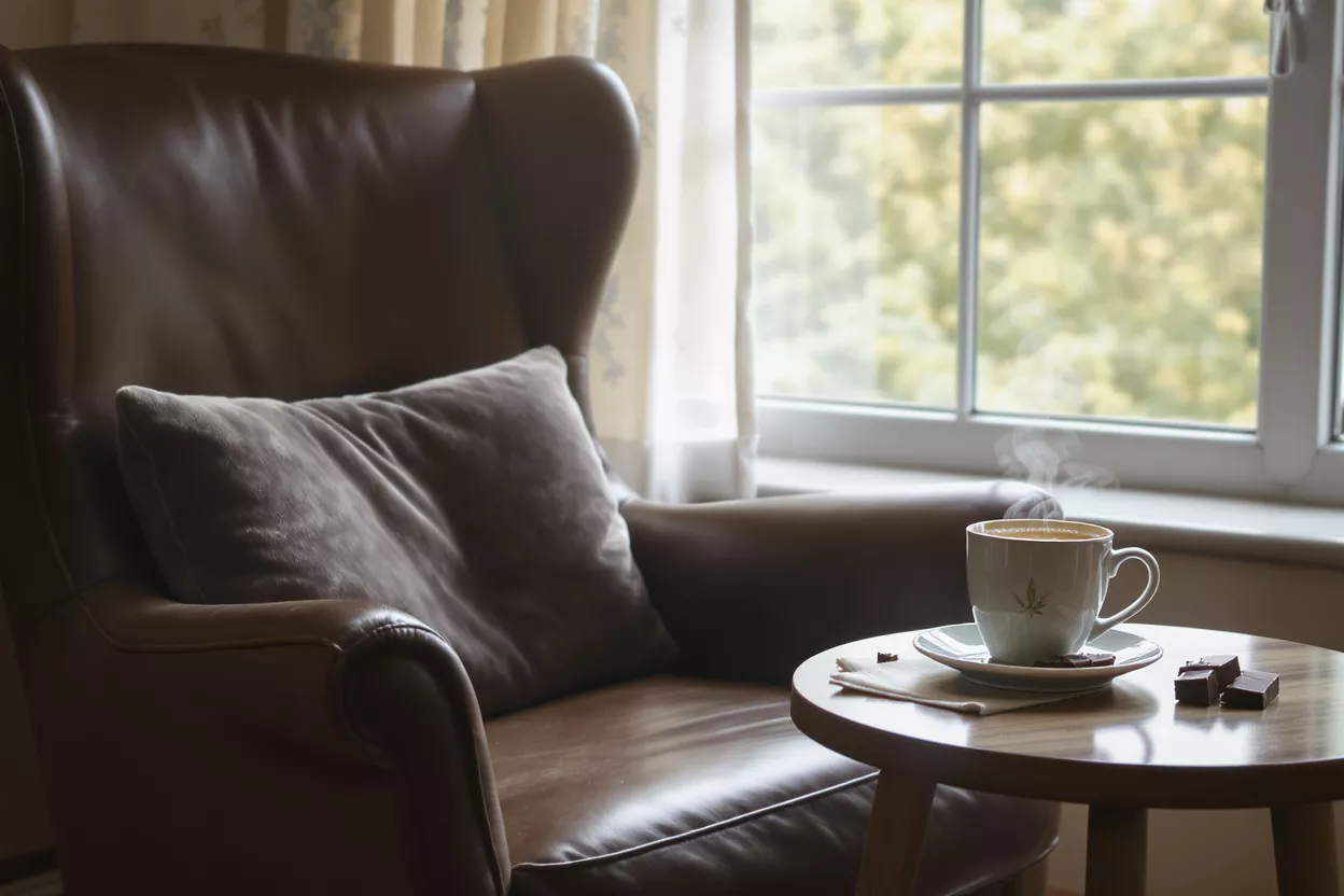Cozy Coffee Corner A comfortable chair with a coffee cup and chocolate