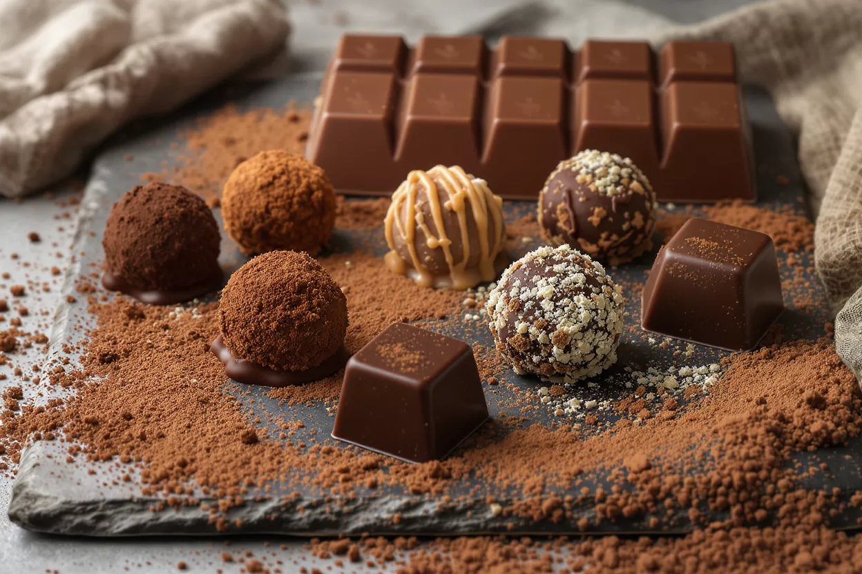 Decadent Chocolate Treats Assortment of chocolate truffles and bars on a slate