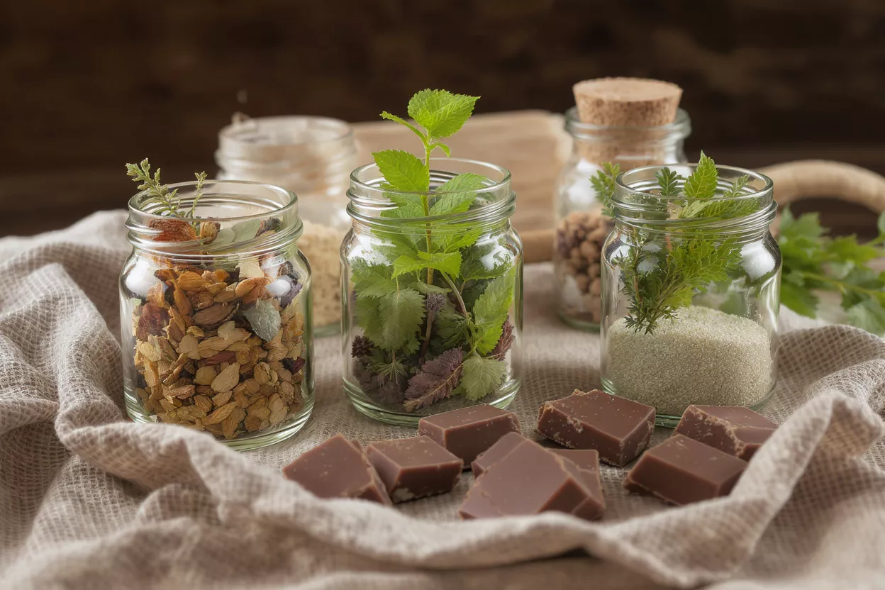 Herbs and Chocolate Garnishes Glass jars filled with herbs and chocolate pieces