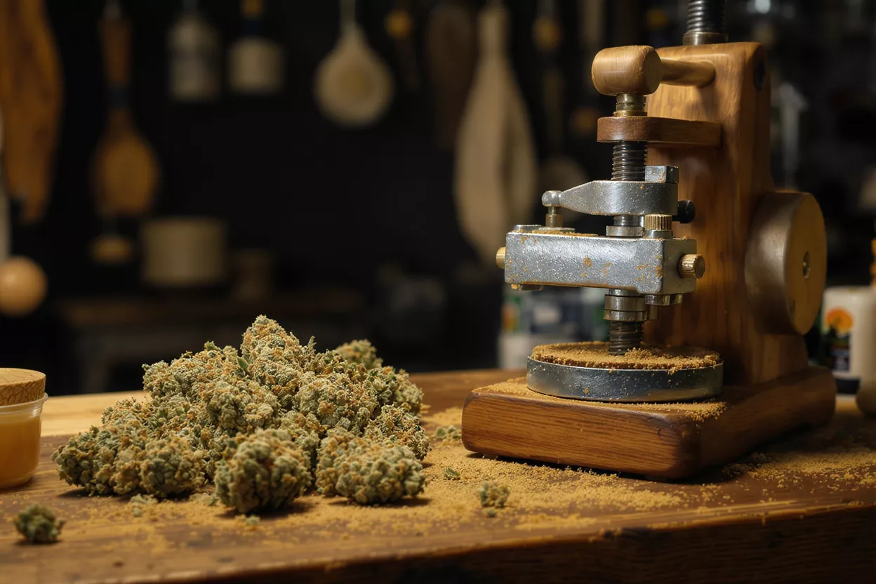 Cannabis buds next to a kief press on a wooden table, with kief dust.