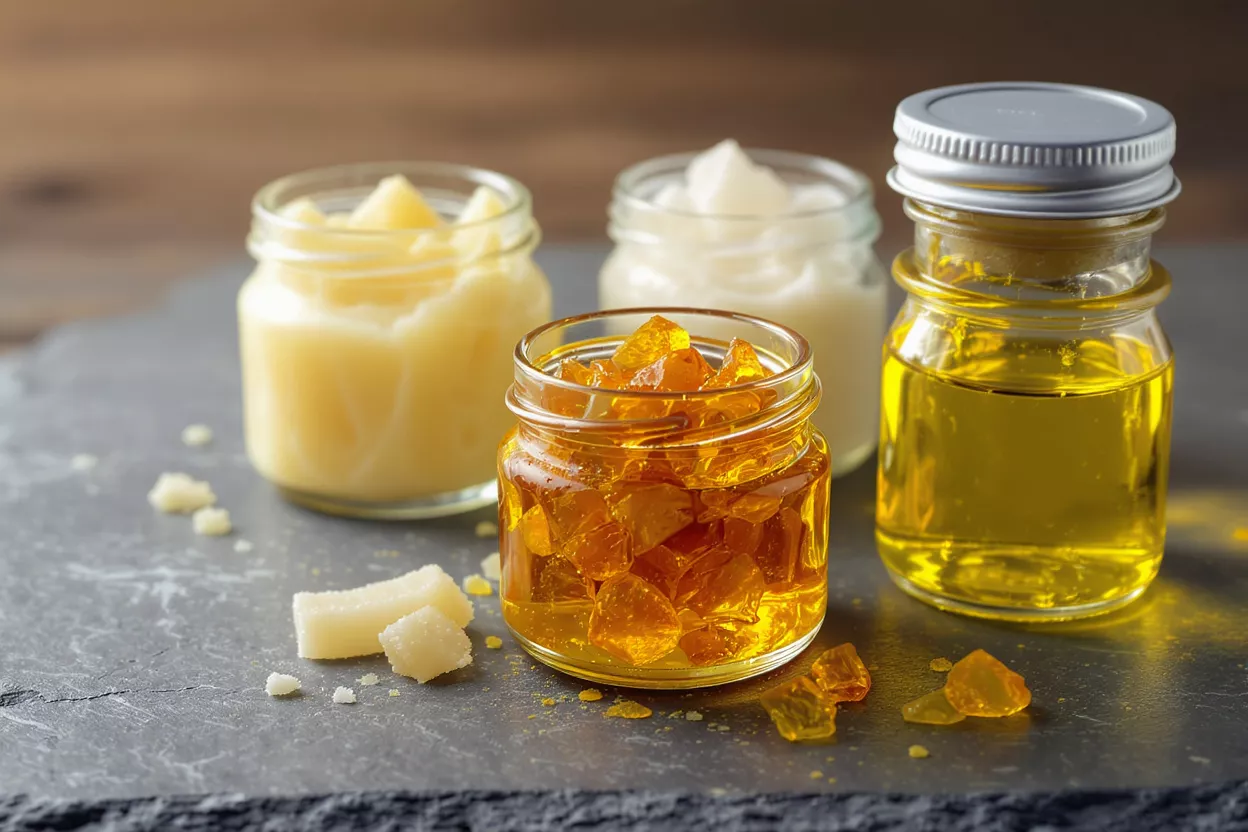 Three jars containing natural ingredients: yellow wax, white cream, and golden oil.