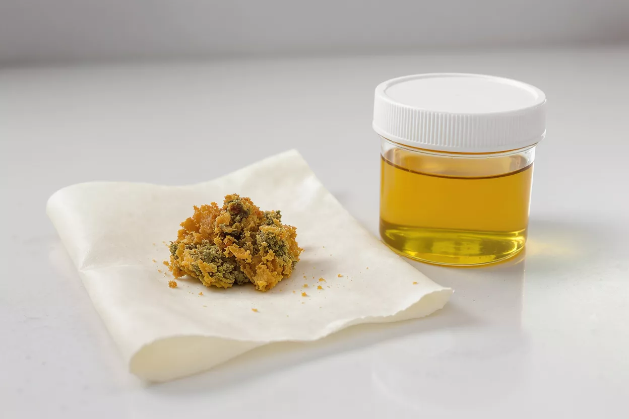 A cannabis concentrate on parchment paper next to a jar of cannabis oil.