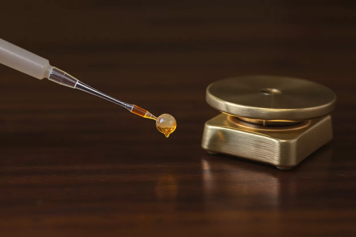 A syringe dispenses a golden liquid droplet over a small brass scale.