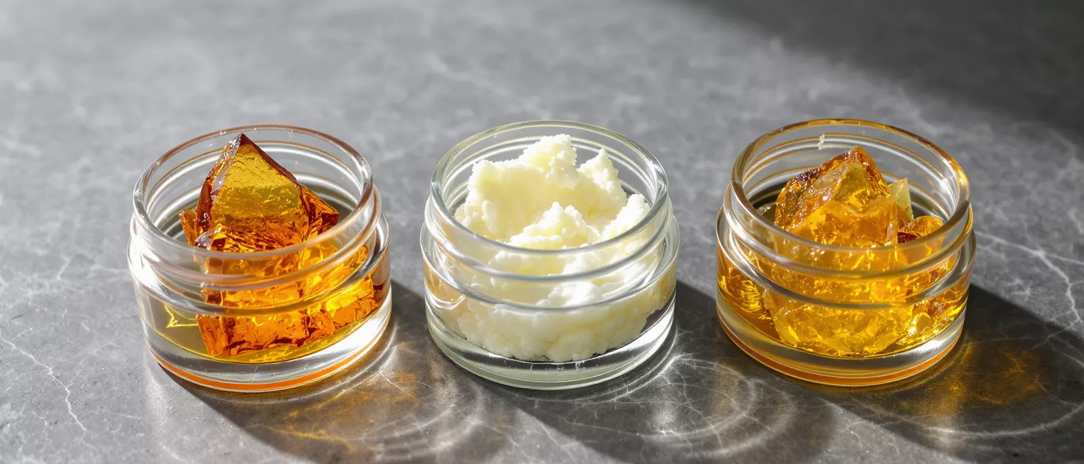 Three glass jars containing cannabis concentrates: two shatter, one butter.