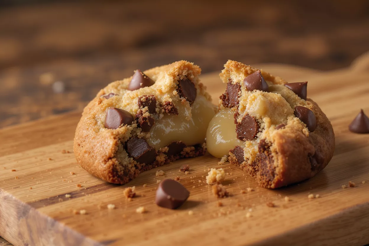 A chocolate chip cookie split in half, revealing a gooey caramel center.