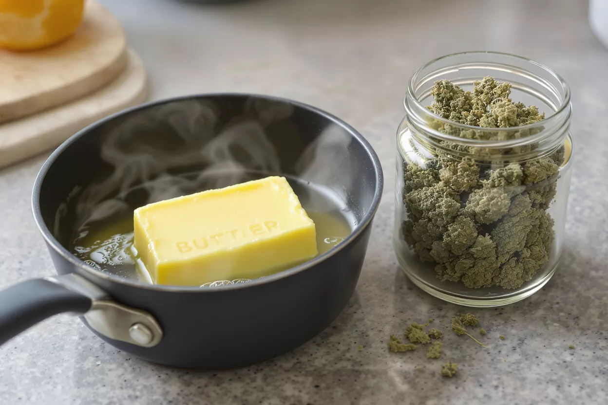 A block of butter melting in a saucepan next to a jar of cannabis buds.