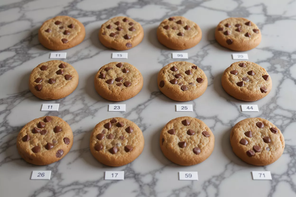 Twelve chocolate chip cookies, each with a unique number on a white card.