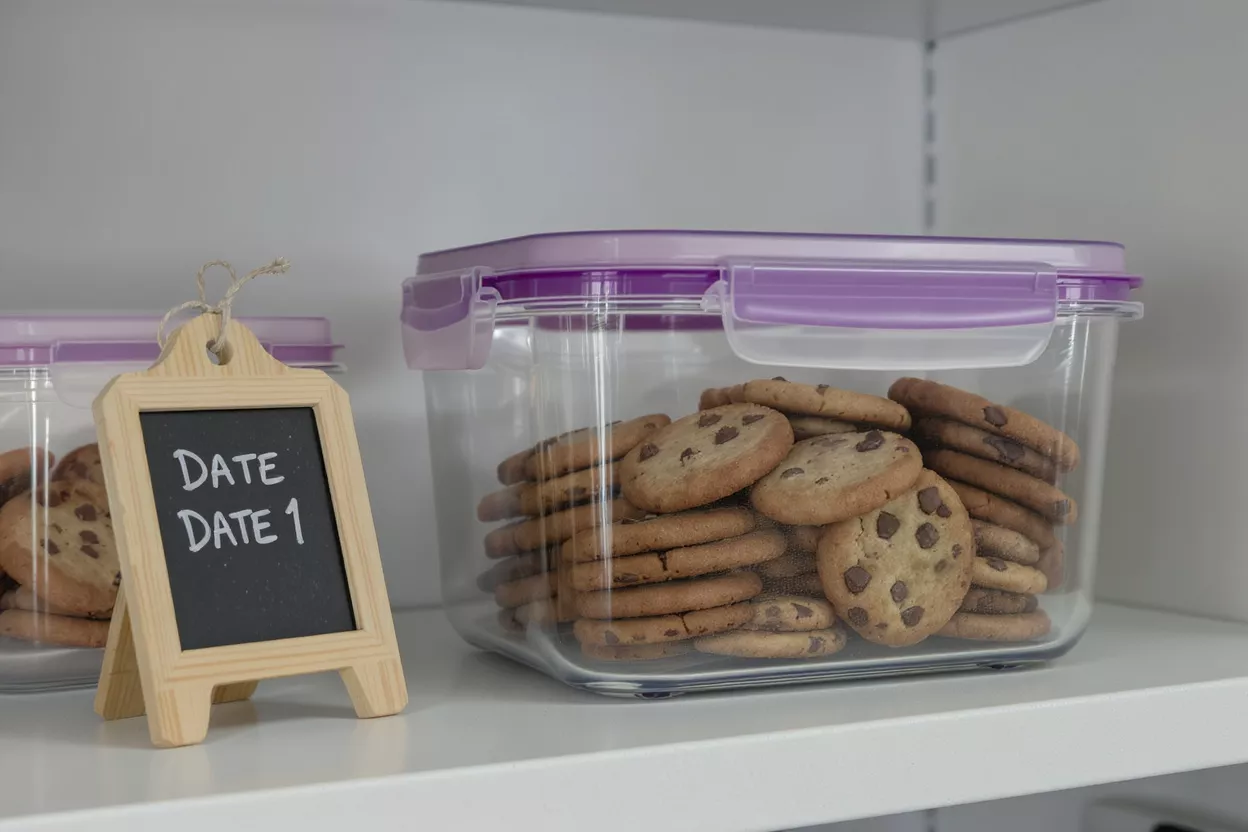 Clear container with chocolate chip cookies and a small chalkboard label.