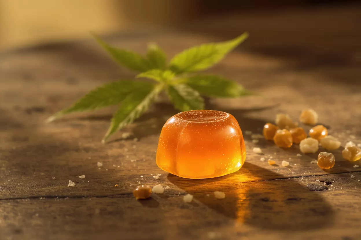 Cannabis Gummy Delight A cannabis gummy candy on a wooden surface