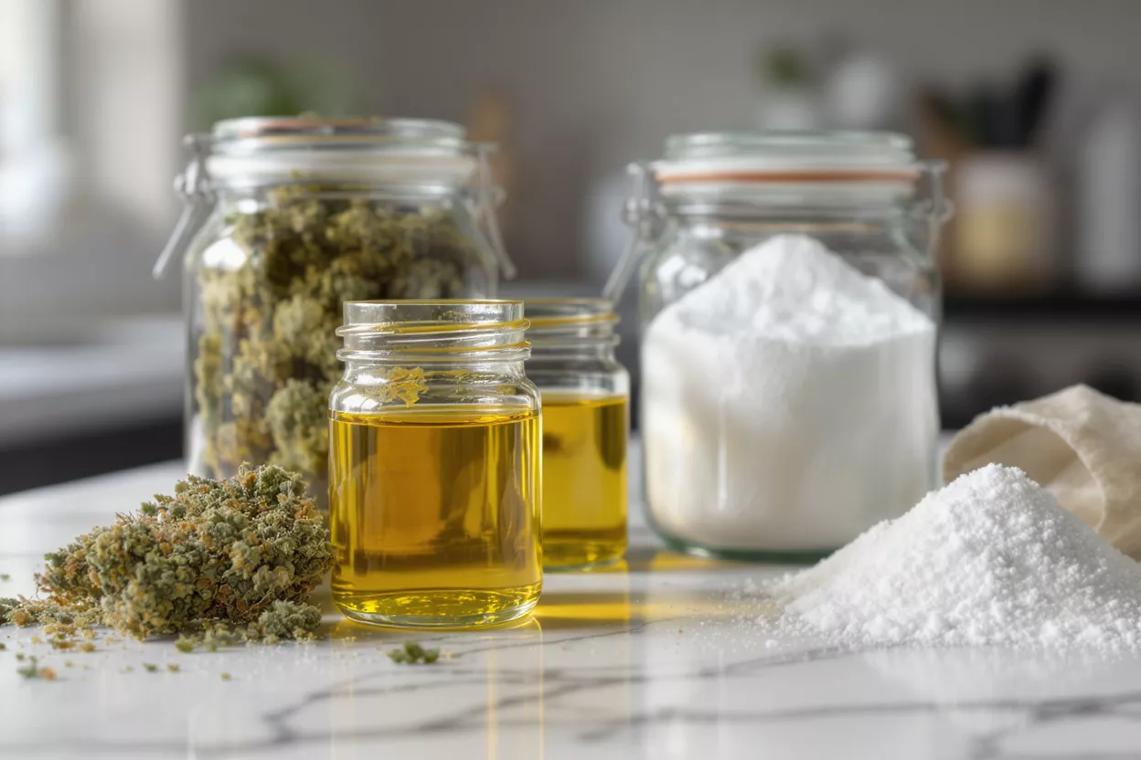 Cooking with Cannabis Oils Cannabis flowers and oils on a kitchen countertop