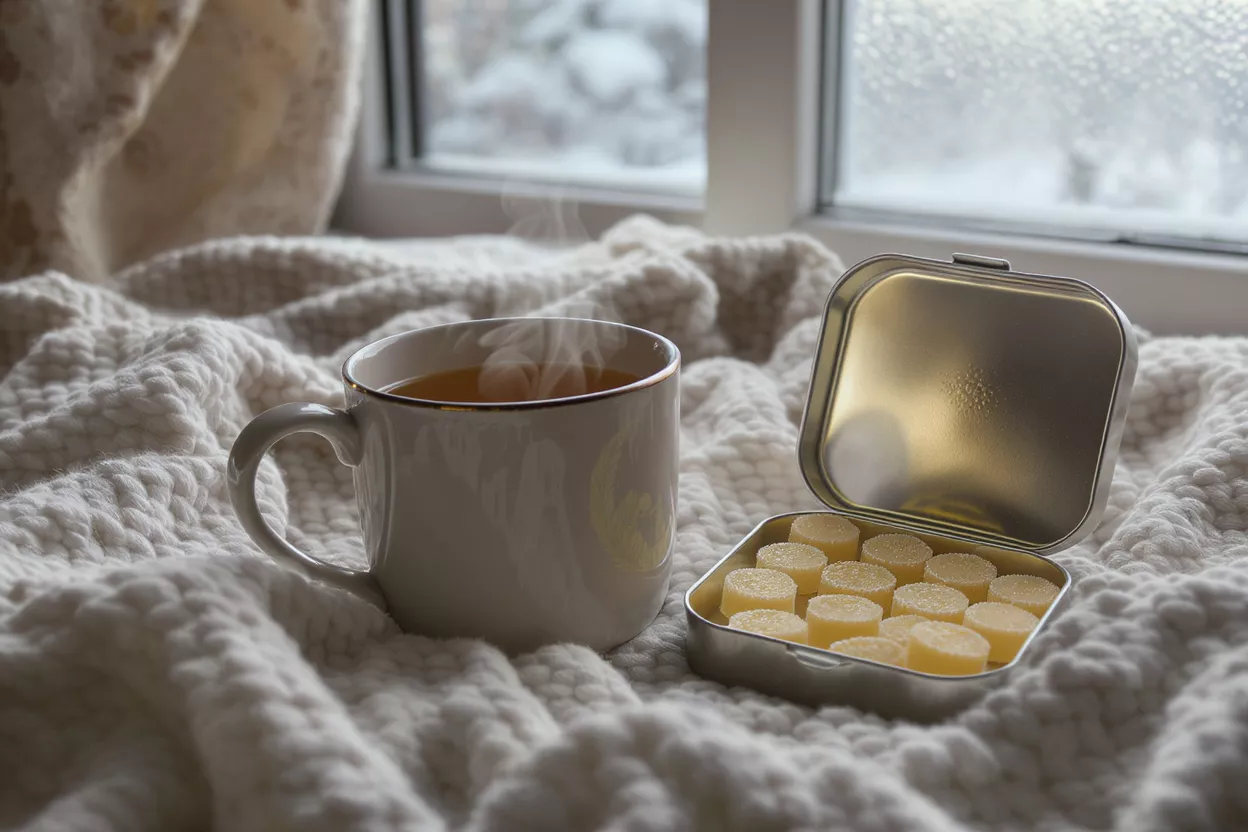 Cozy Tea and Gummies A steaming cup of tea beside a tin of gummies