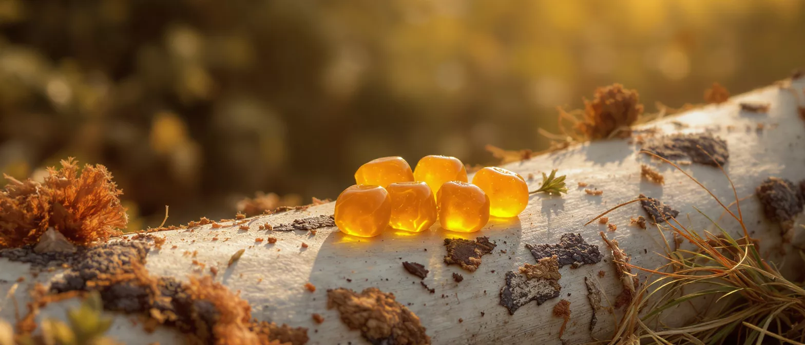 A cluster of golden gummy candies on a log