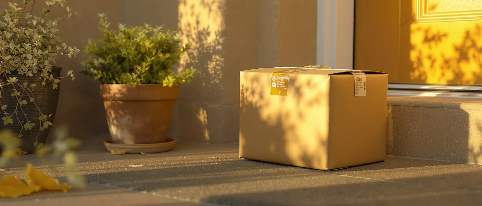 Paquete marrón en un umbral con plantas, iluminado por la luz del sol y las sombras.