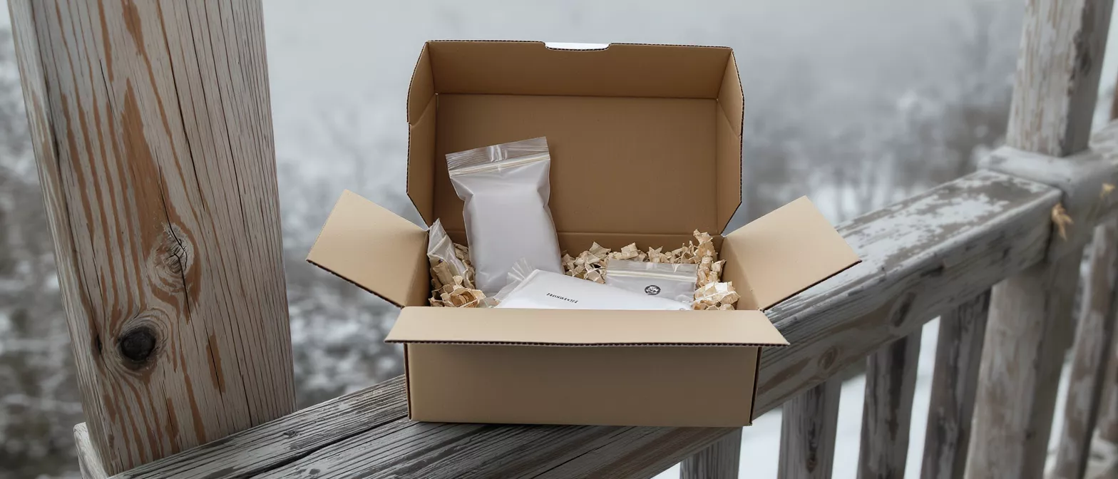 An open cardboard box filled with packaging material and products sits on a wooden railing.