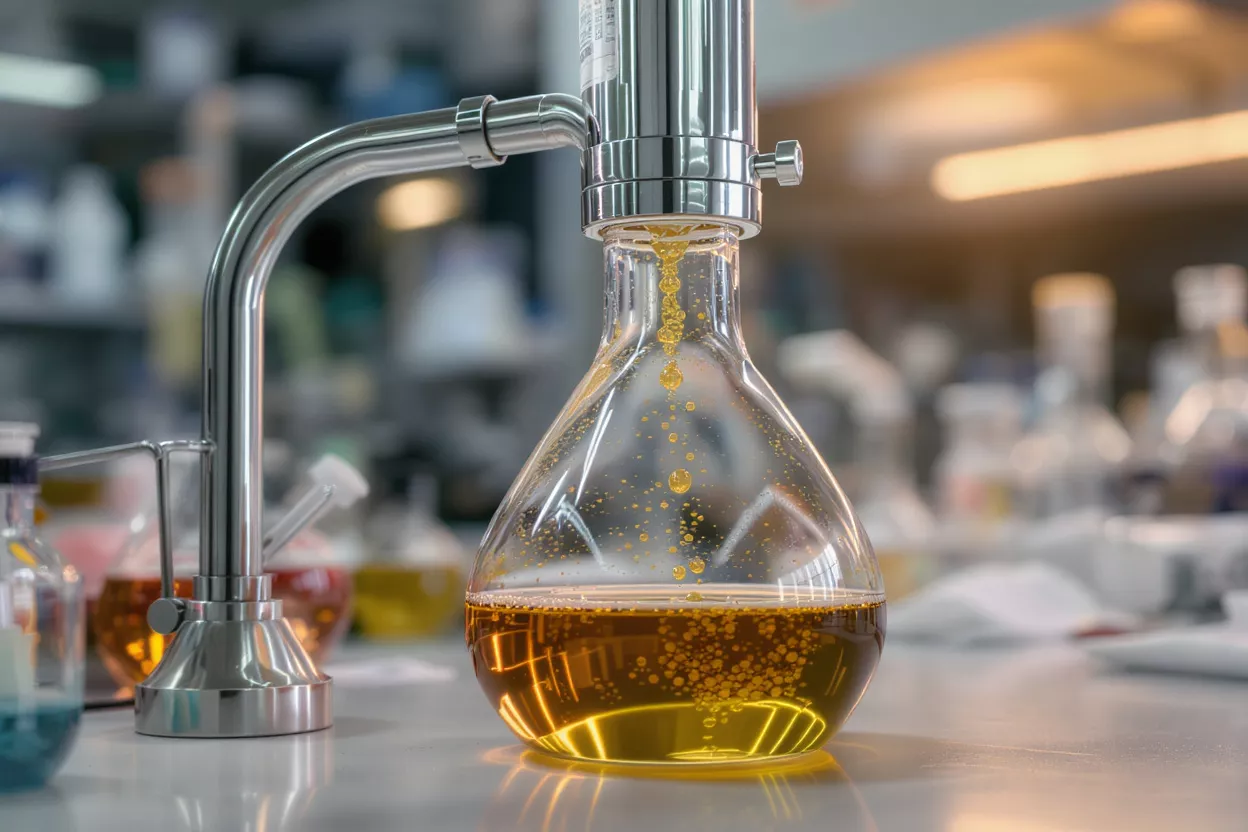 Close-up of a clear glass flask receiving a golden liquid with bubbles in a lab.