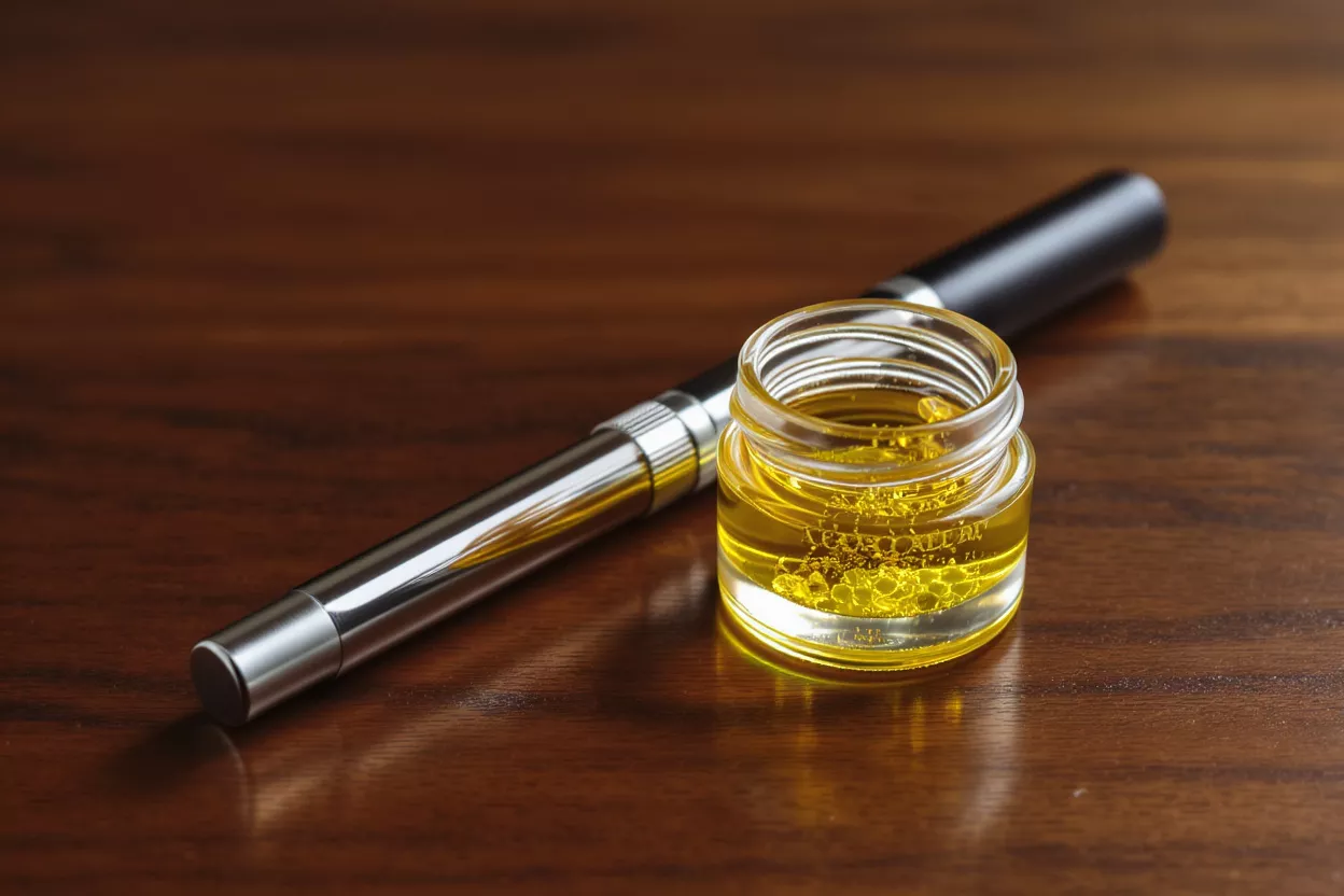 A vape pen next to a small glass jar filled with golden cannabis oil.