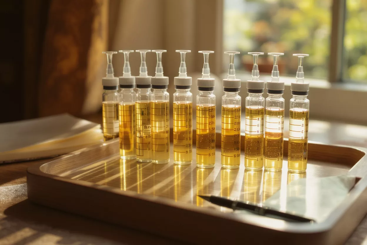 Several glass vials filled with yellow liquid on a wooden tray with a pen.